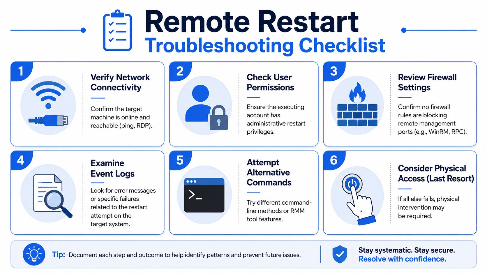 An infographic titled Remote Restart Troubleshooting Checklist, detailing six technical steps to restart a computer remotely.