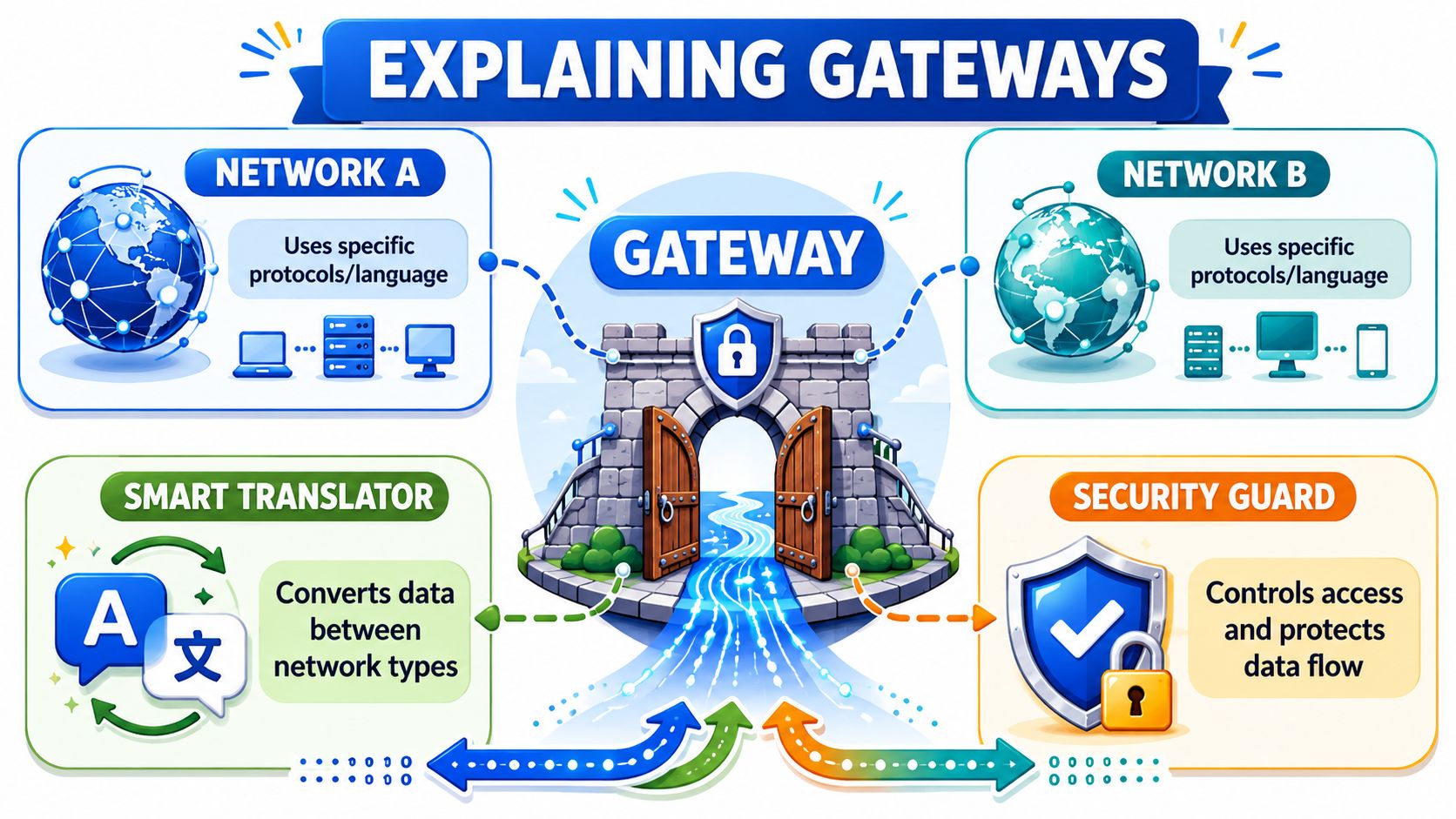 A diagram explaining network gateways as translators and security guards between two different computer networks.