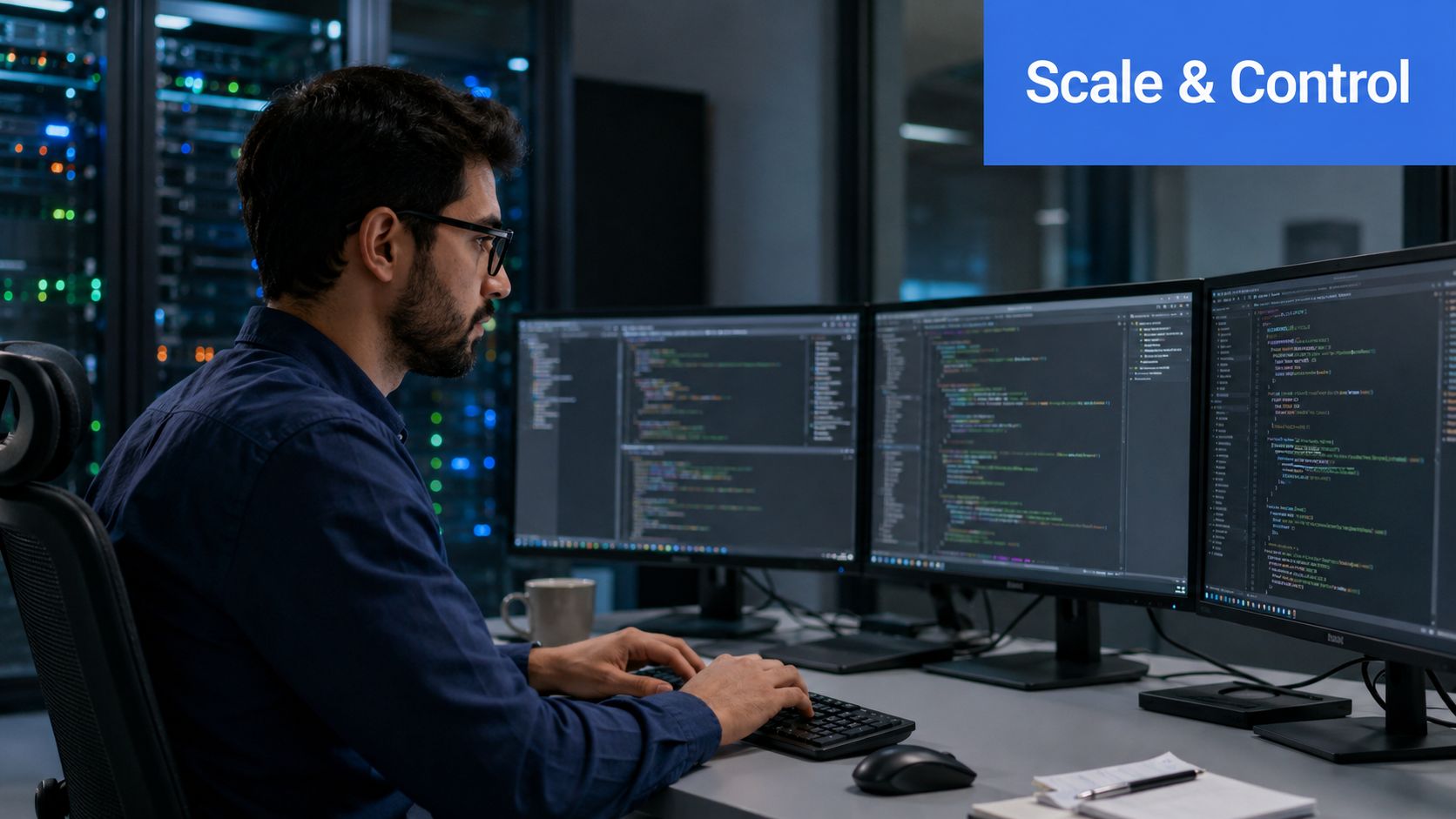 A professional software engineer working in a server room on multiple computer monitors with code displayed.