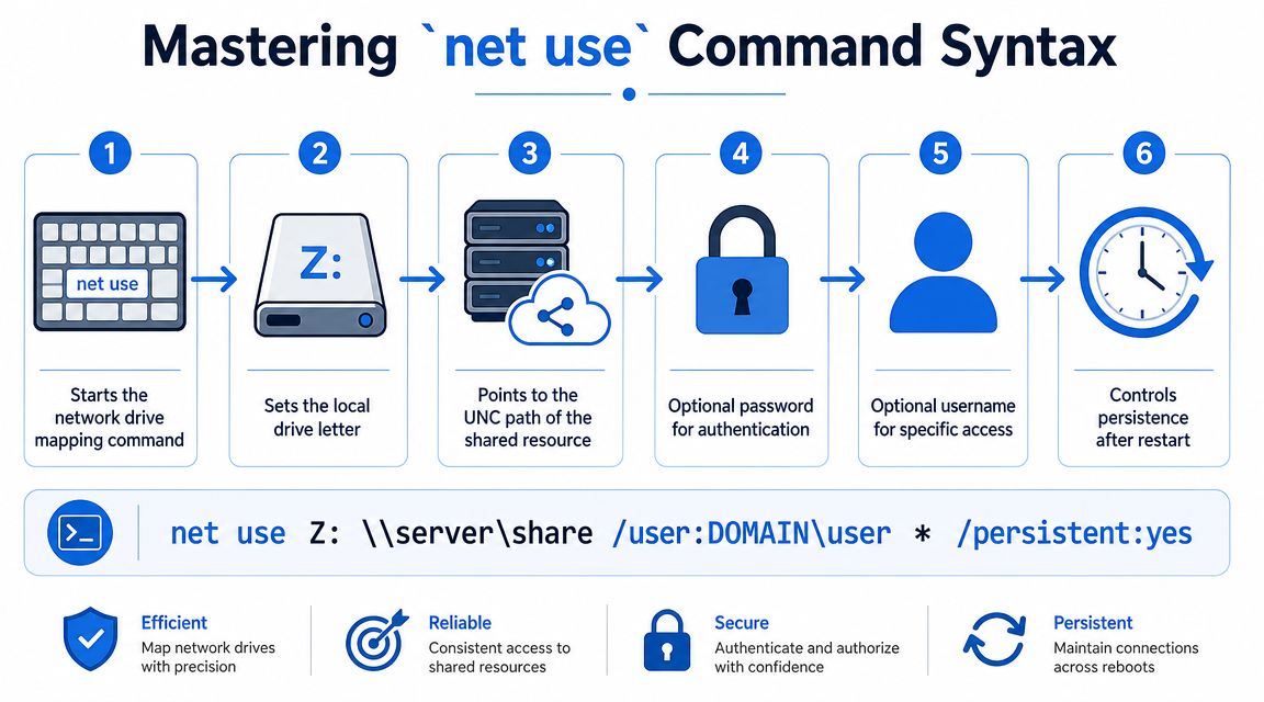 An infographic explaining the Windows net use command syntax for mapping network drives to local drive letters.