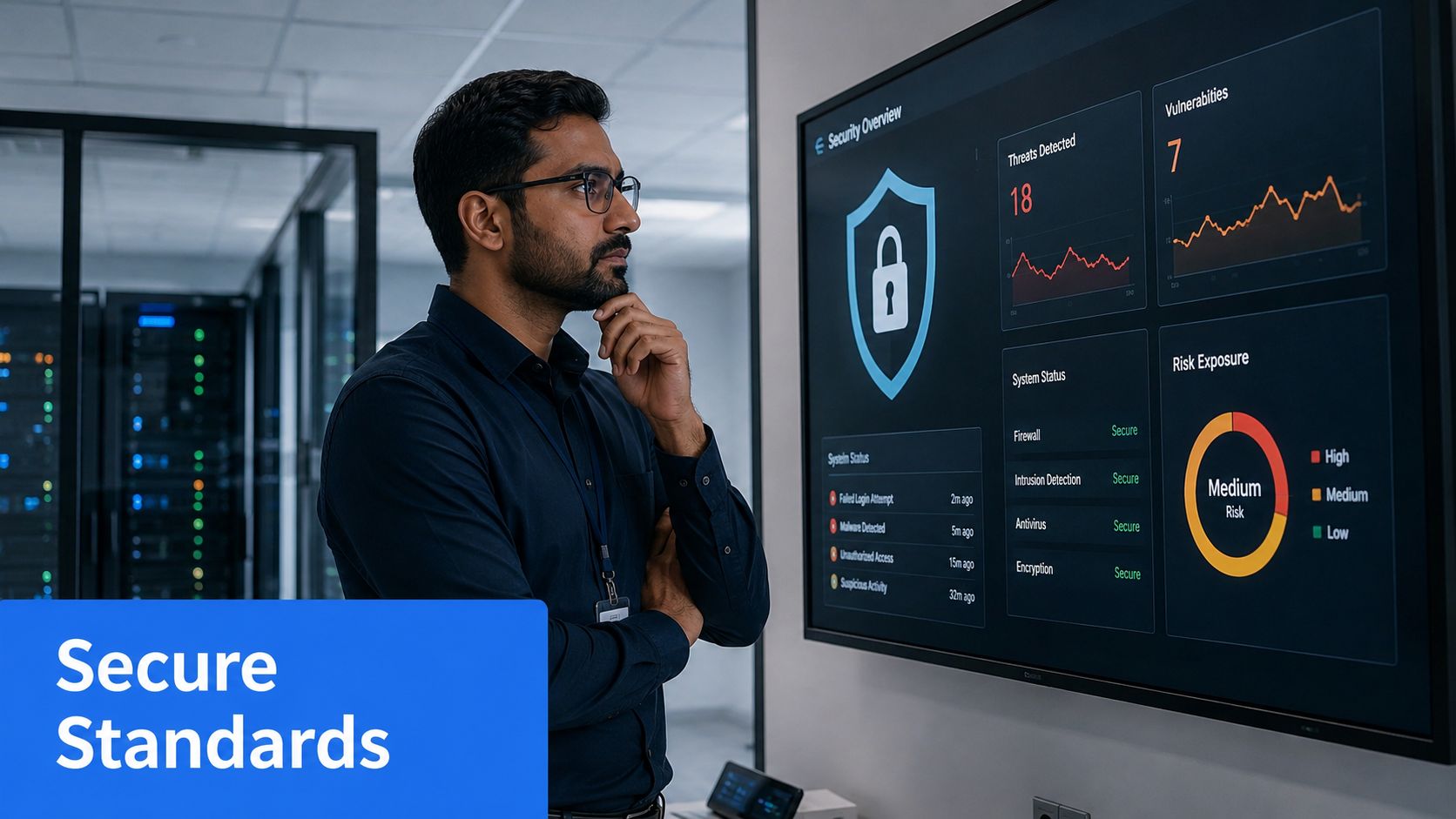 A professional IT specialist analyzing a cybersecurity dashboard displaying system security status and threat detection analytics.