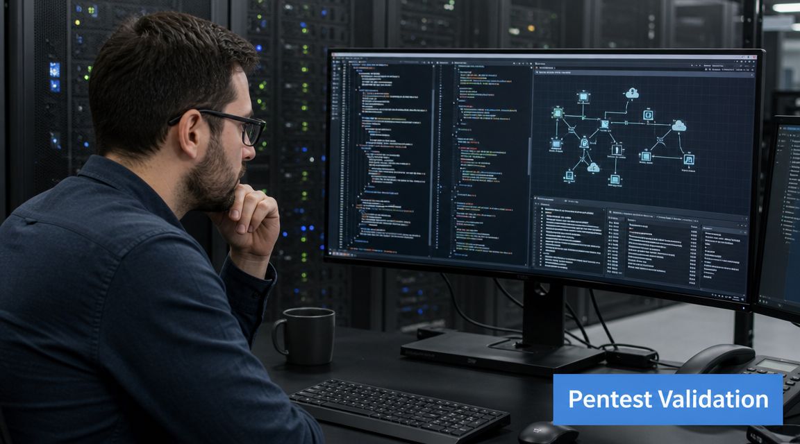 A cybersecurity professional reviewing network security diagrams and code on a computer in a server room.