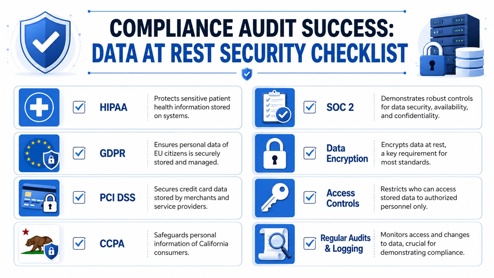 A checklist infographic outlining compliance standards and security controls for ensuring data at rest protection.