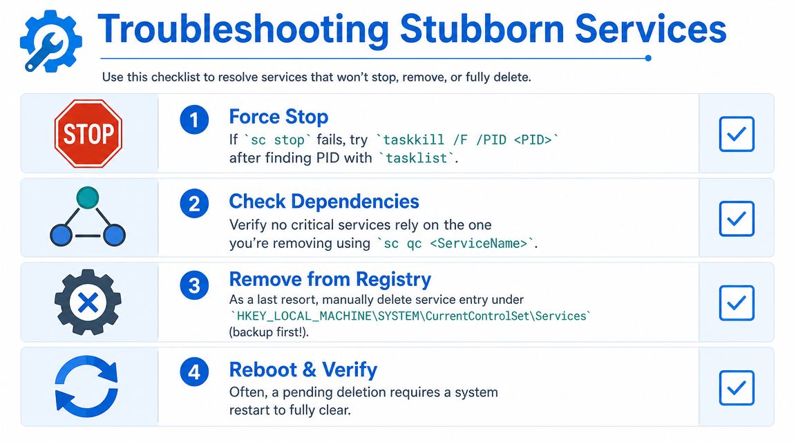 A troubleshooting checklist infographic for resolving Windows services that fail to stop, remove, or fully delete.