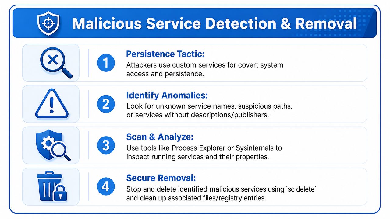 A step-by-step infographic titled Malicious Service Detection and Removal, illustrating how to identify and delete dangerous Windows services.