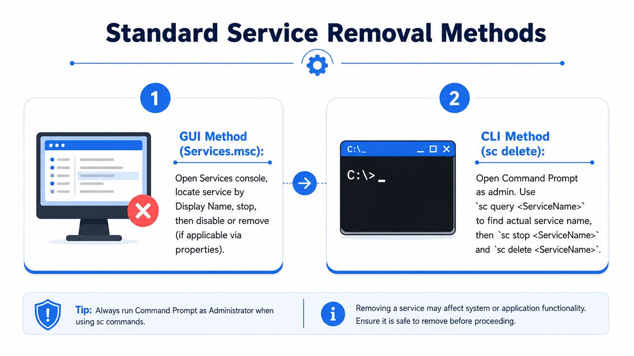 An infographic showing two standard methods to remove Windows services using the GUI console or command prompt.