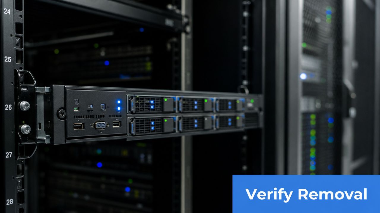 A server rack chassis extended for maintenance in a data center with a verify removal label.