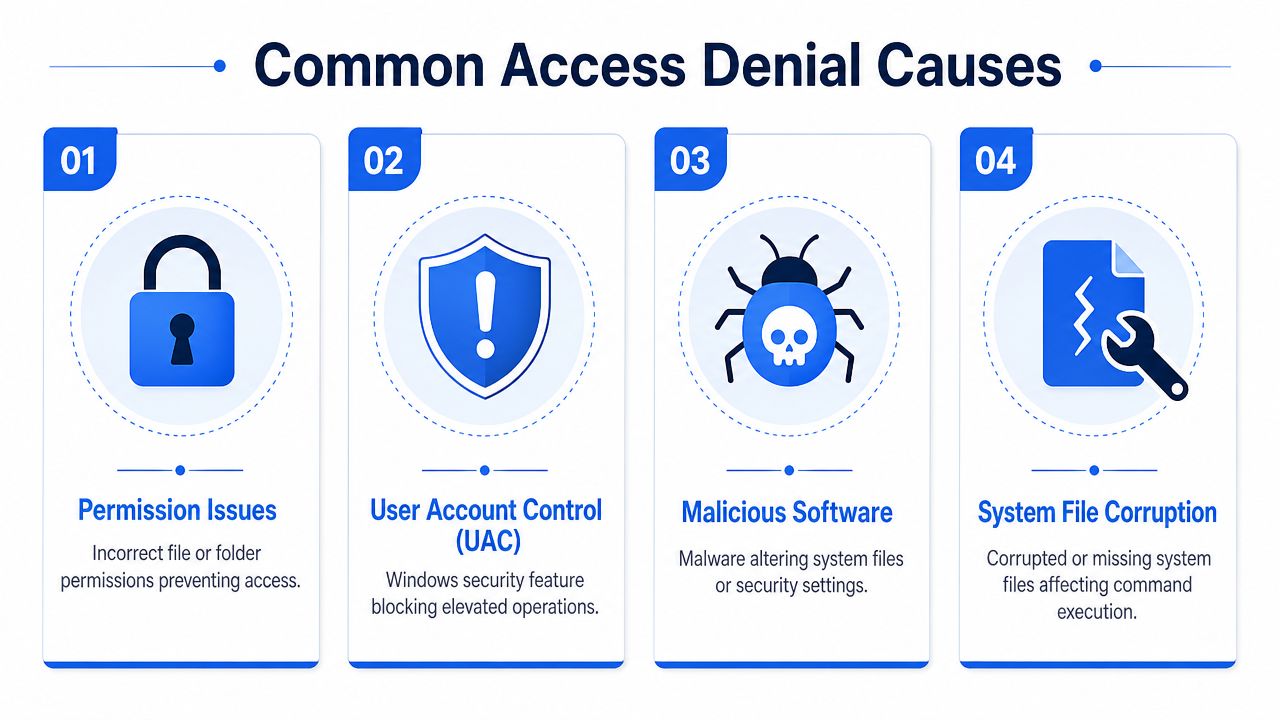 An infographic showing four common causes for command prompt access denied errors, including permissions, UAC, malware, and corruption.
