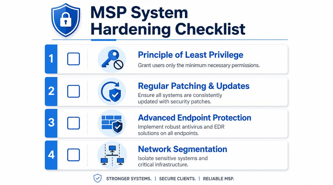 A checklist for managed service providers outlining four essential steps for improving system security and hardening infrastructure.