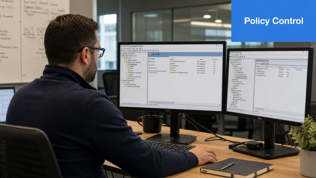 A professional working at a desk with two computer monitors displaying Group Policy Management software.