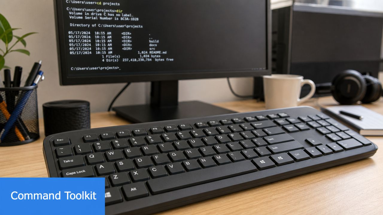 A modern computer workspace featuring a black keyboard and a monitor displaying a Windows command prompt directory.
