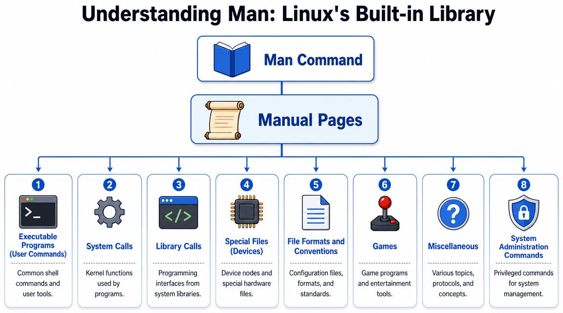 A diagram illustrating the hierarchy and categories of manual pages for the Linux man command.