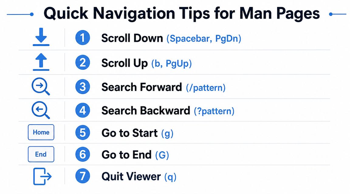 A quick reference guide listing essential keyboard shortcuts for navigating Linux man pages.