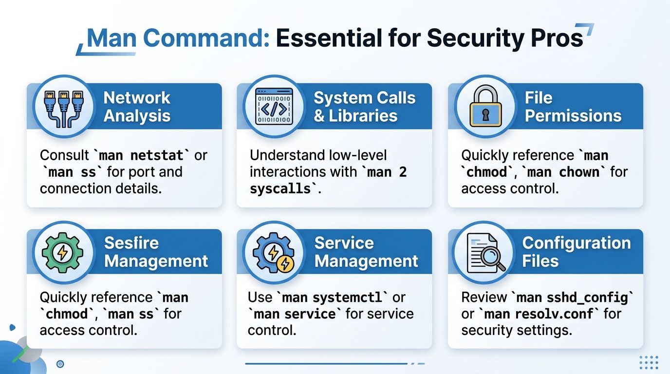 A visual guide explaining how security professionals can use the Linux man command for various system tasks.