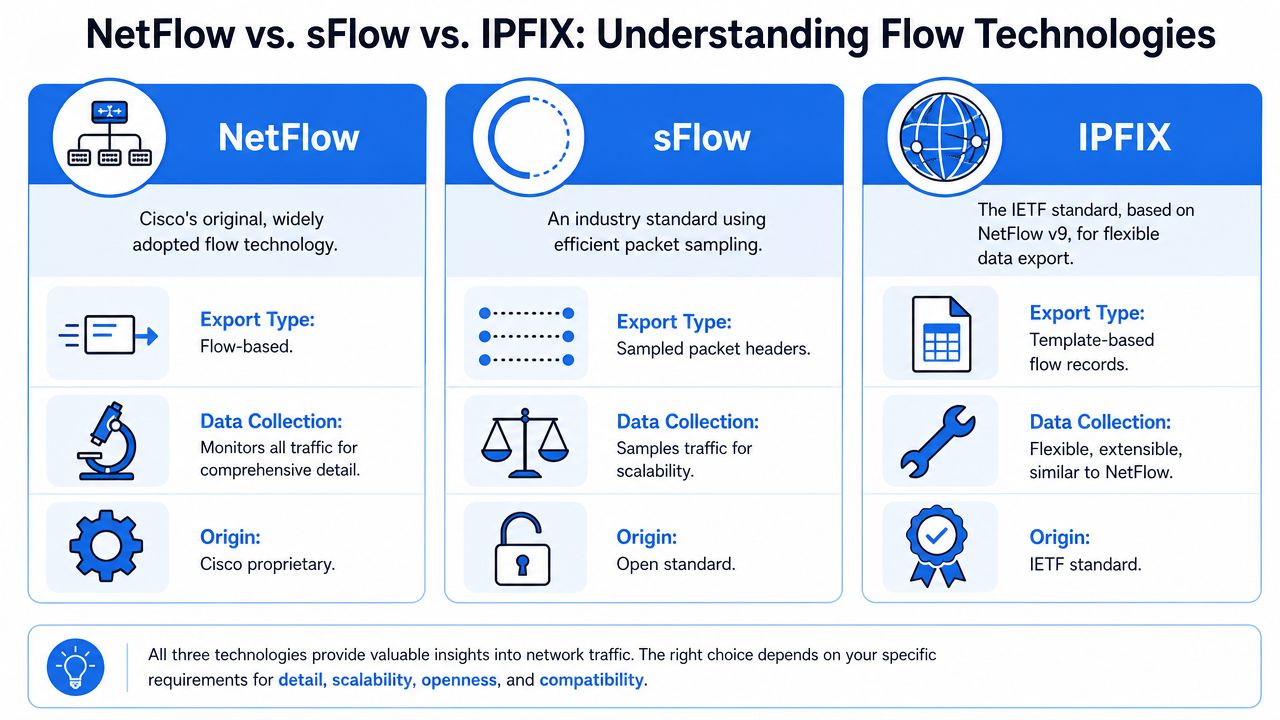 A comparison chart outlining the key differences between NetFlow, sFlow, and IPFIX network traffic monitoring technologies.