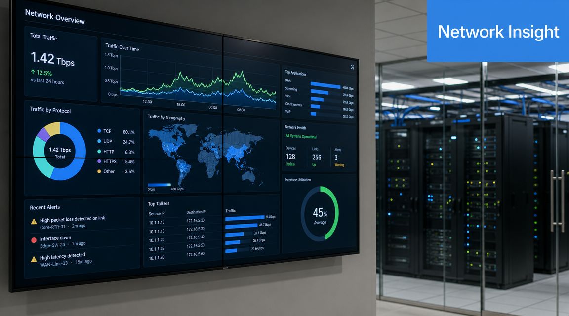 A digital display monitor showing a real-time network traffic dashboard with analytics in a server room.