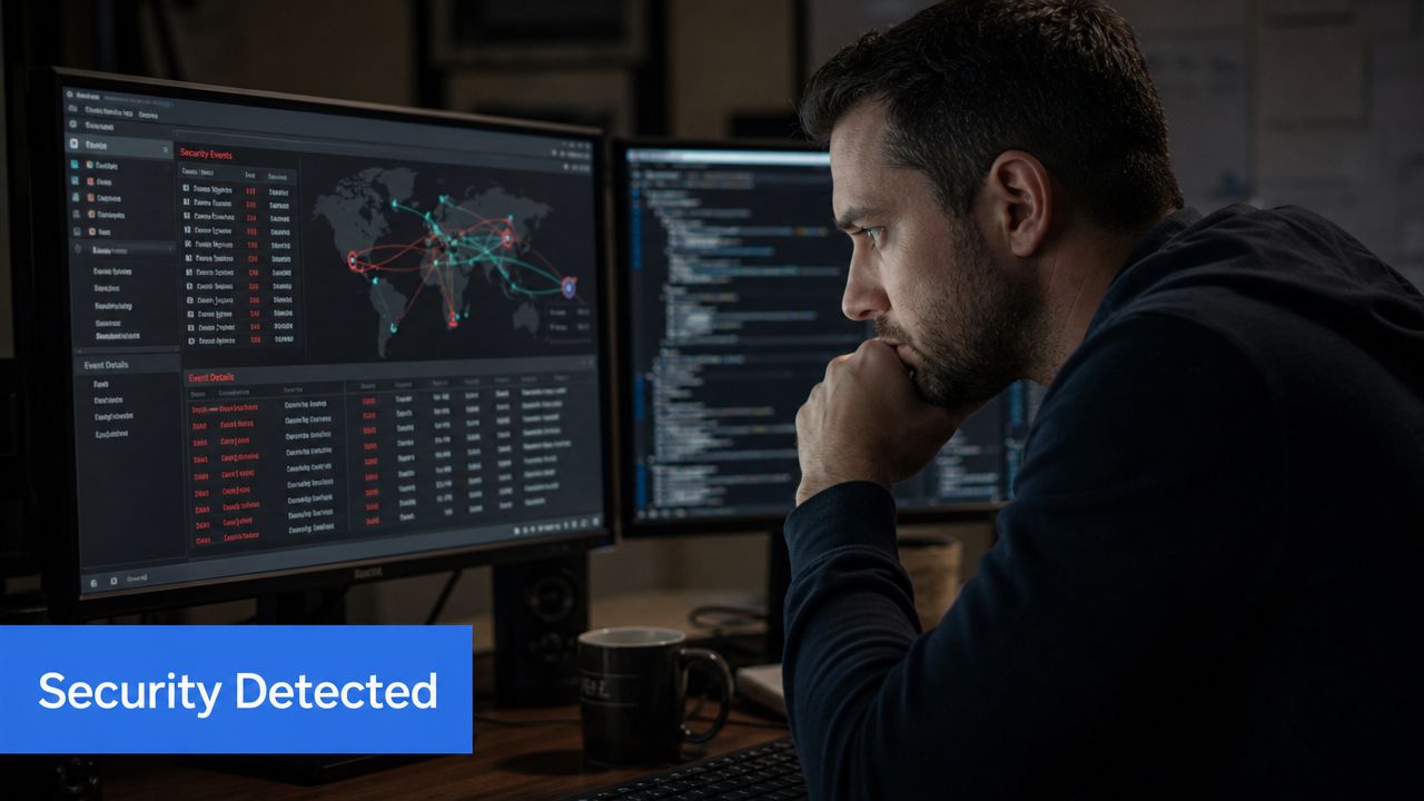 A focused cybersecurity analyst monitoring network security events and global traffic data on multiple computer screens.