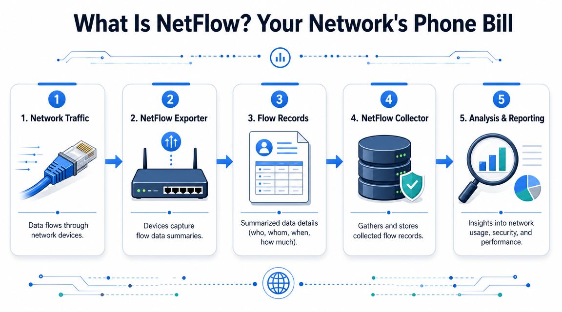 An infographic illustrating the five-step process of how NetFlow monitors network traffic, collects data, and provides insights.