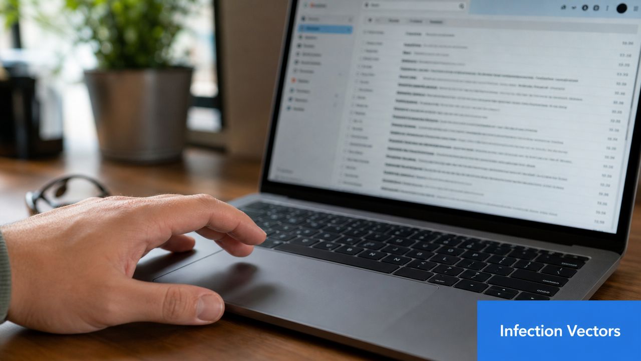 A close-up view of a person using a laptop with an email inbox on the screen.