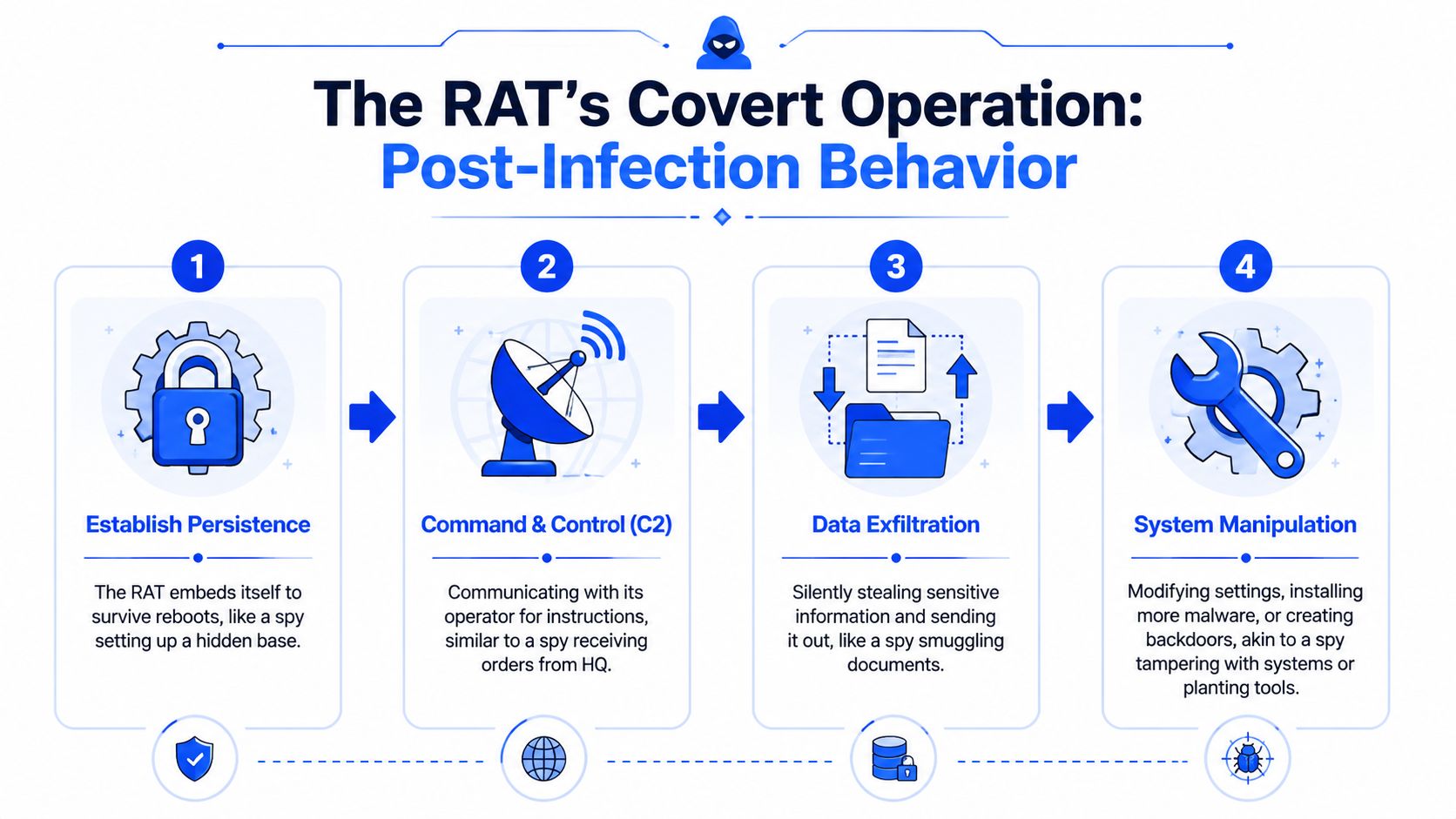 An infographic illustrating the four stages of a Remote Access Trojan (RAT) covert operation after initial system infection.