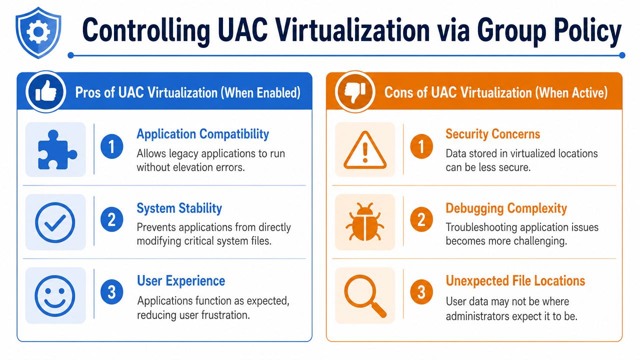 A chart illustrating the pros and cons of UAC virtualization within Windows Group Policy settings.