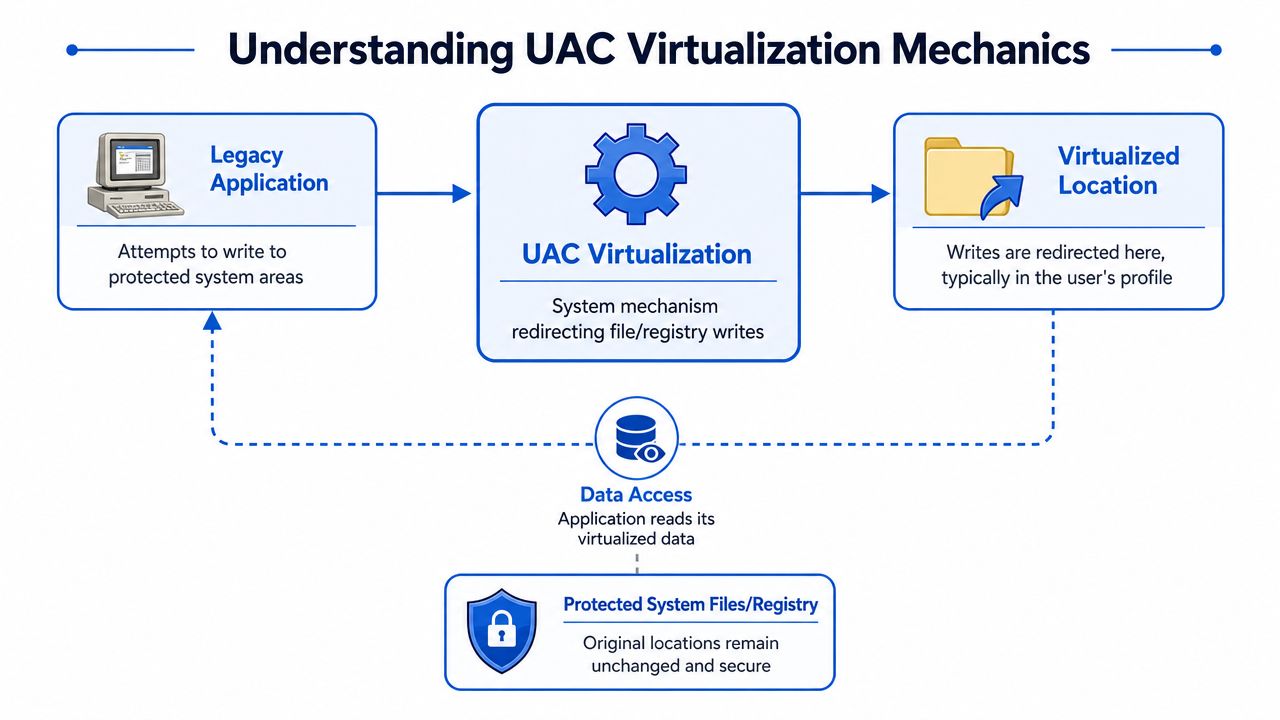 A diagram illustrating UAC virtualization mechanics, showing how legacy applications redirect writes to a virtualized user profile location.