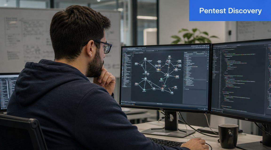 A professional software developer analyzing network node diagrams and source code on multiple computer monitors.