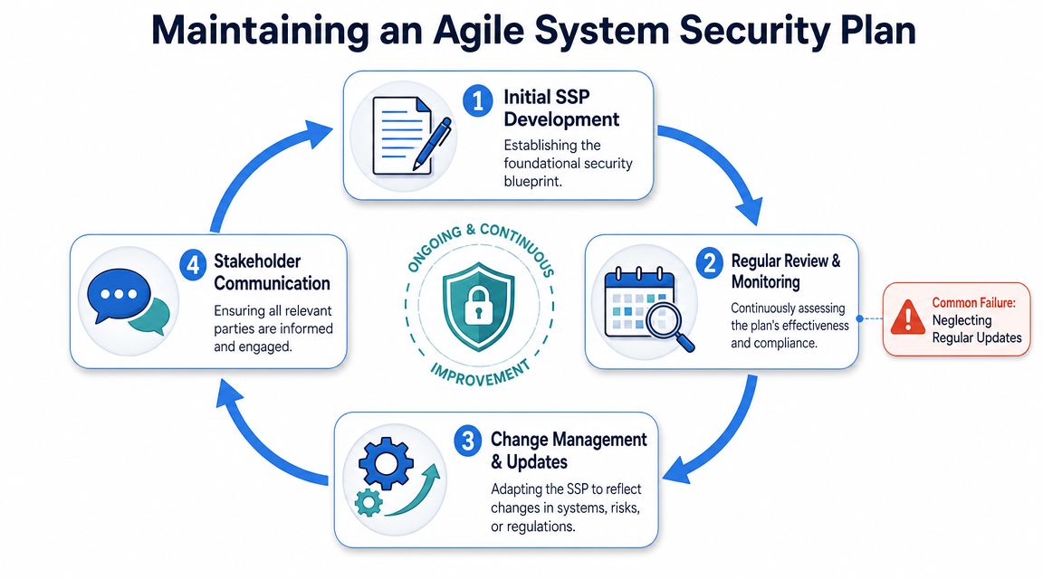 A circular diagram illustrating the four steps of maintaining an agile system security plan process.