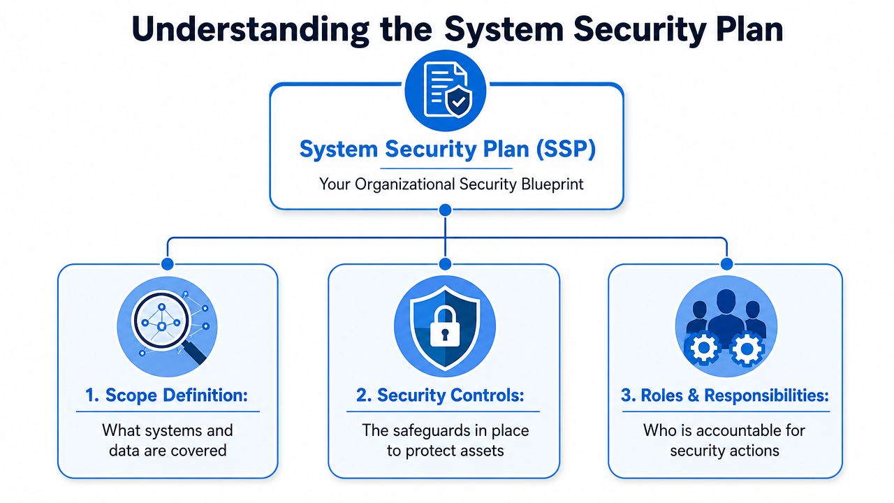 A diagram outlining the three core components of a System Security Plan: scope, controls, and responsibilities.