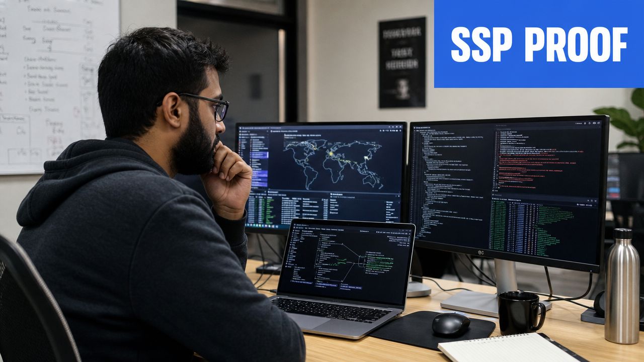 A professional software developer working intently on computer screens displaying code and a world map.