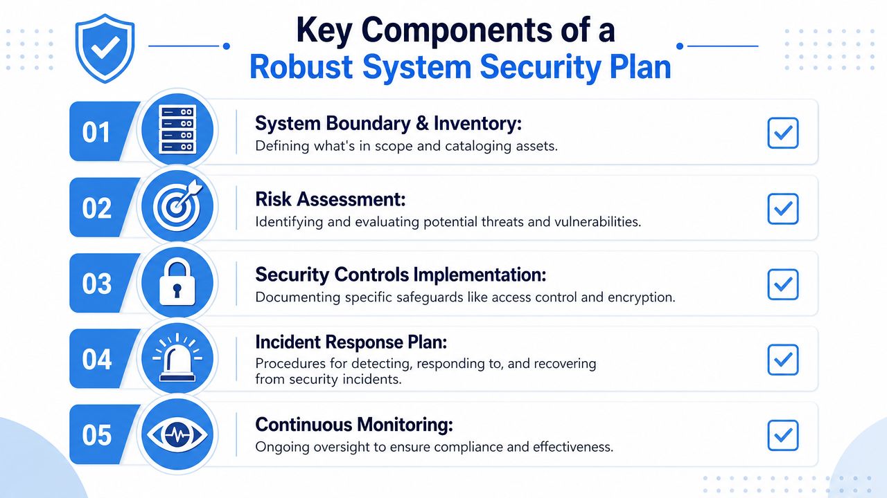 A diagram outlining five key components of a robust system security plan, including inventory, risk, and monitoring.