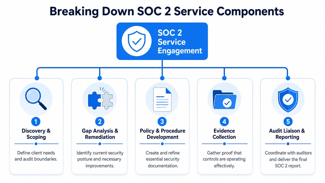 A diagram illustrating the five stages of a SOC 2 service engagement process from discovery to reporting.