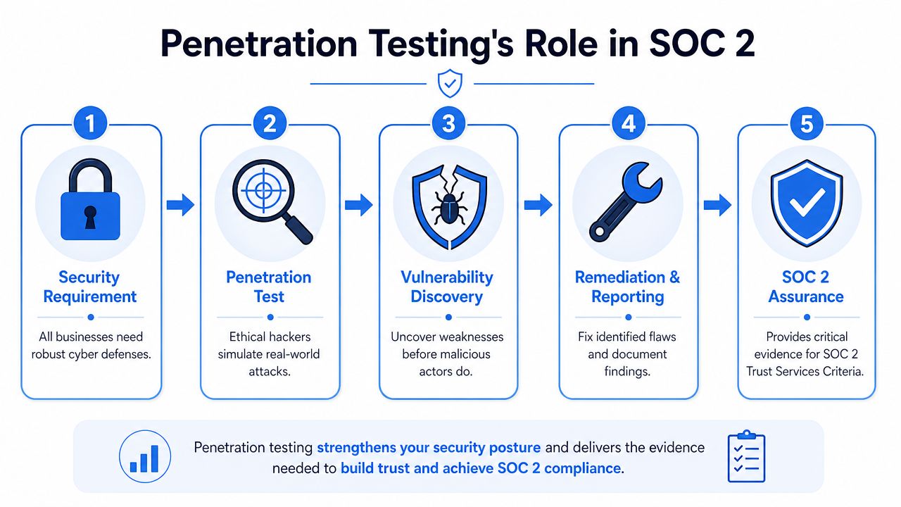 A flowchart showing the five steps of penetration testing in the process of achieving SOC 2 compliance.