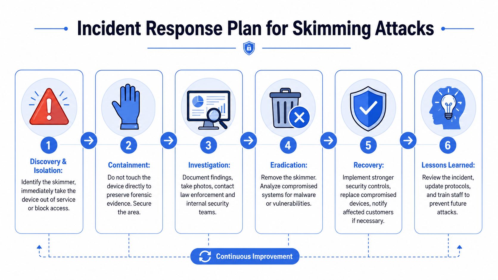 A six-step infographic detailing the incident response plan for addressing credit card skimming attacks effectively.