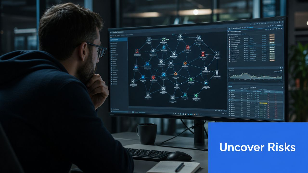 A professional cybersecurity analyst monitors a complex digital network visualization on a large computer screen at night.
