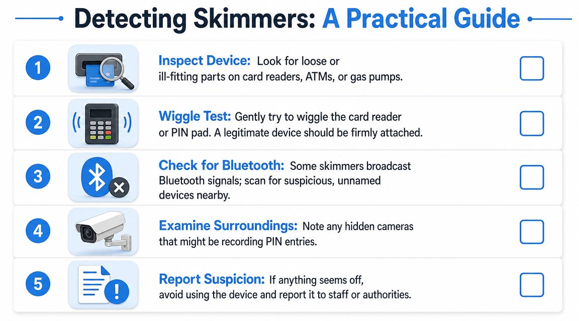 A practical guide showing five numbered steps to detect credit card skimmers on payment terminals.