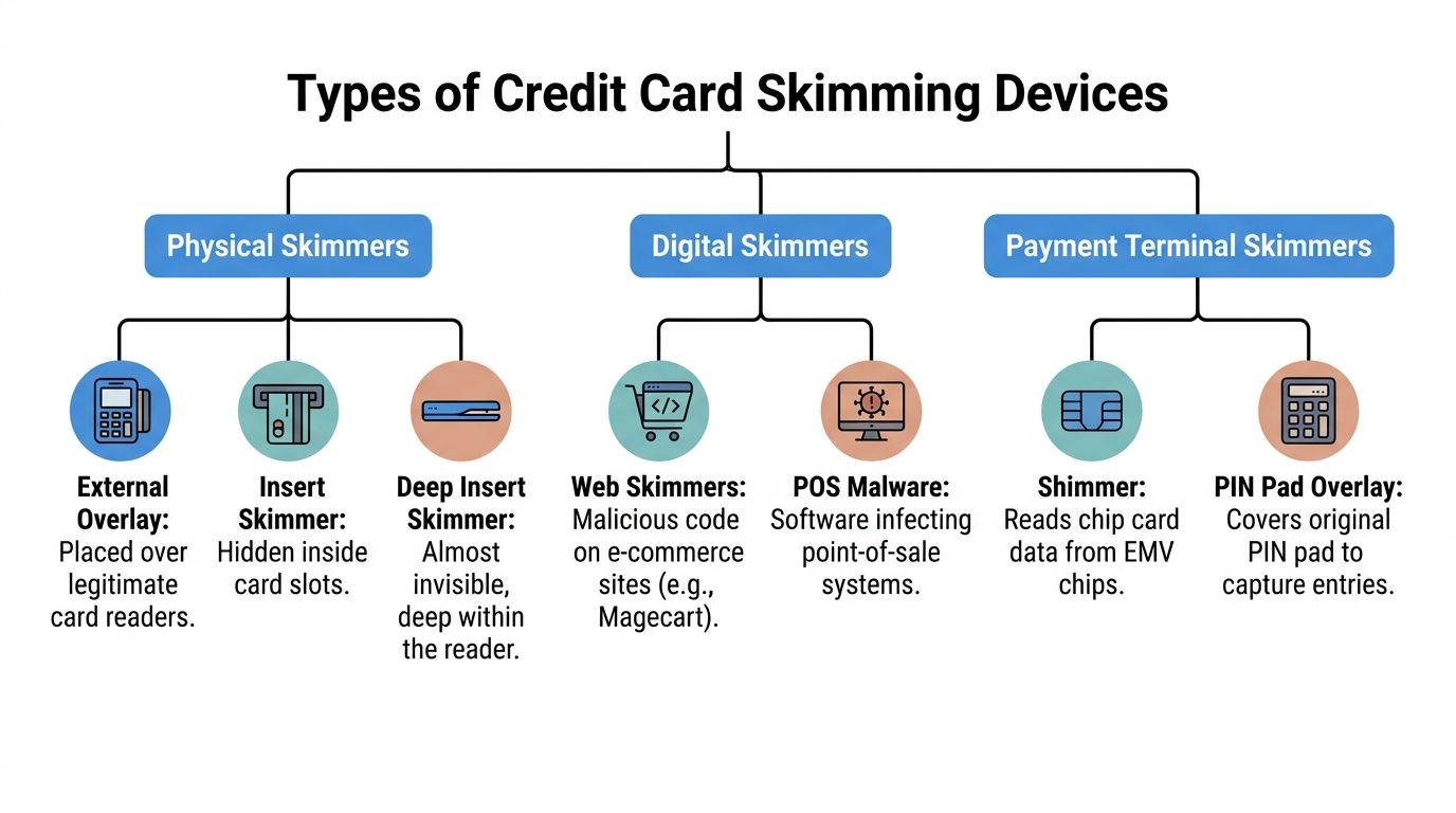 A diagram categorized into three types of credit card skimming devices: physical, digital, and payment terminal skimmers.
