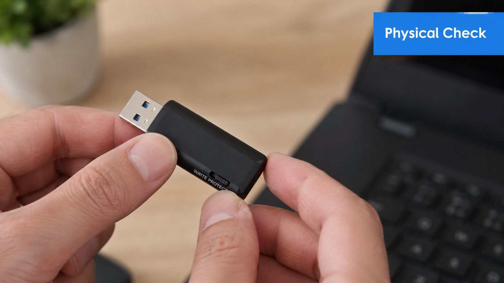 A person holding a USB flash drive with a physical write protection toggle switch enabled