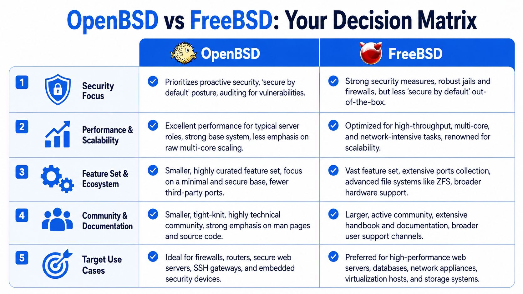 A comparison table outlining key differences between OpenBSD and FreeBSD operating systems across five categories.