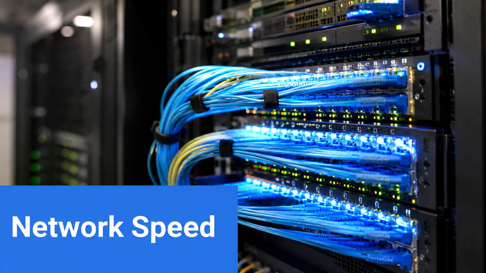 A close-up of a server rack with blue Ethernet cables connected to networking switches in a datacenter.