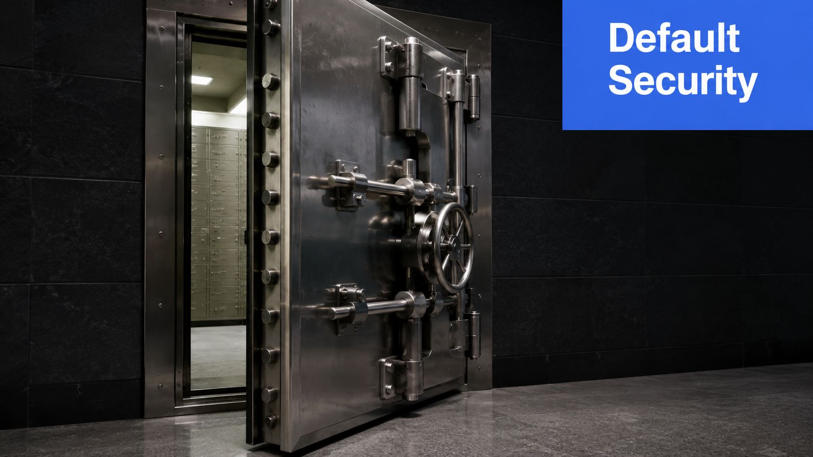 A massive, open steel vault door revealing safe deposit boxes inside a secure bank vault.