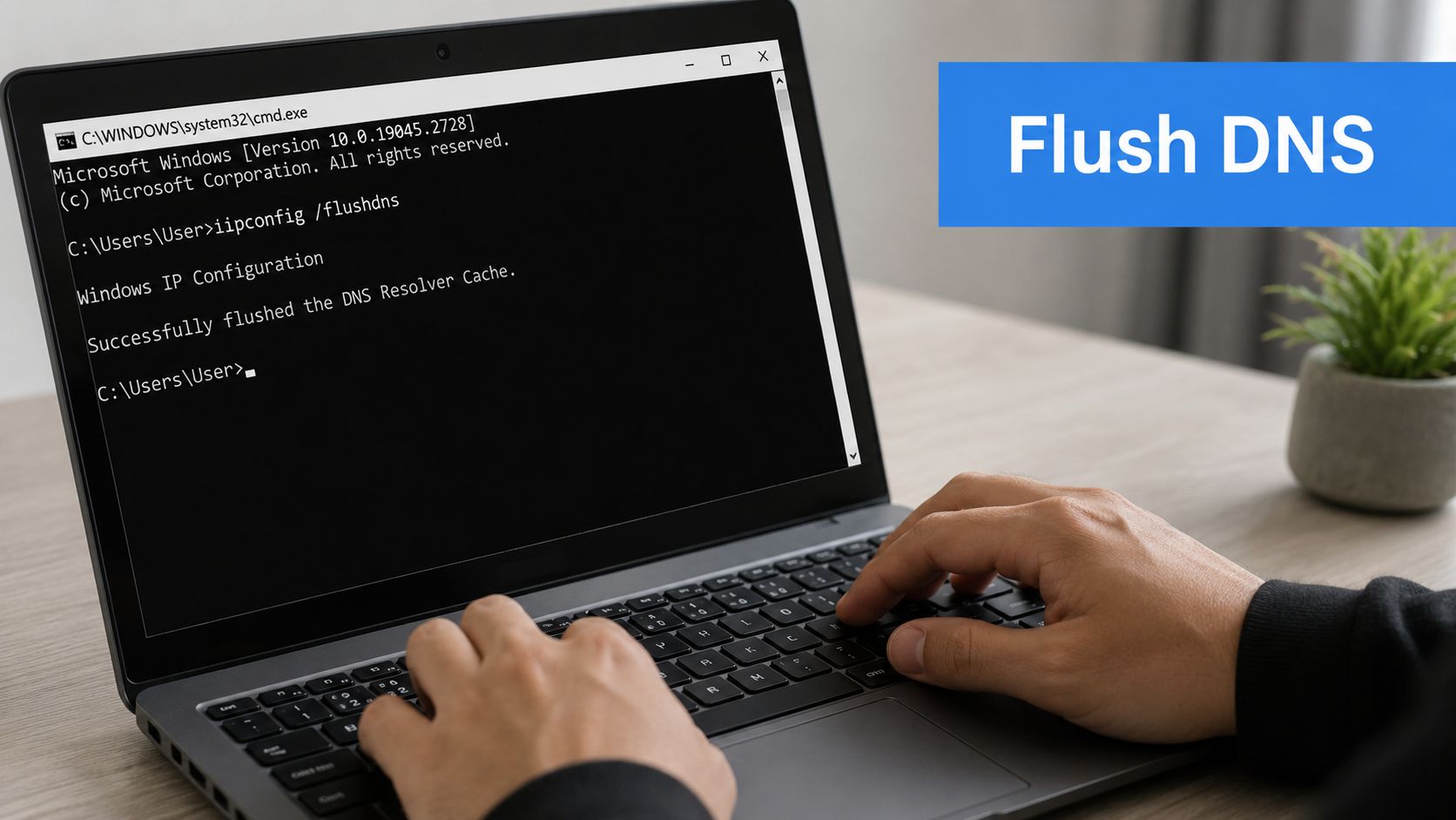 A person using a laptop to perform a successful DNS cache flush command in the Windows command prompt.