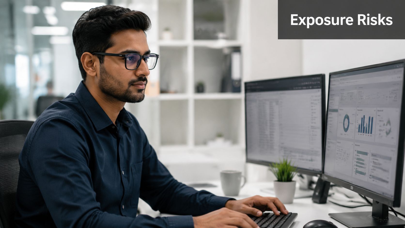 A professional man with glasses working on computer monitors displaying data analytics in an office environment.