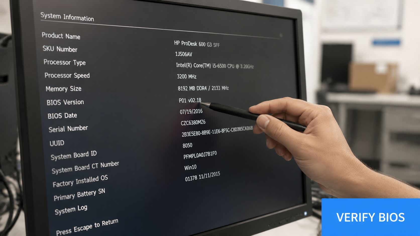 A close-up view of a computer monitor displaying HP System Information settings with a hand pointing at the BIOS.