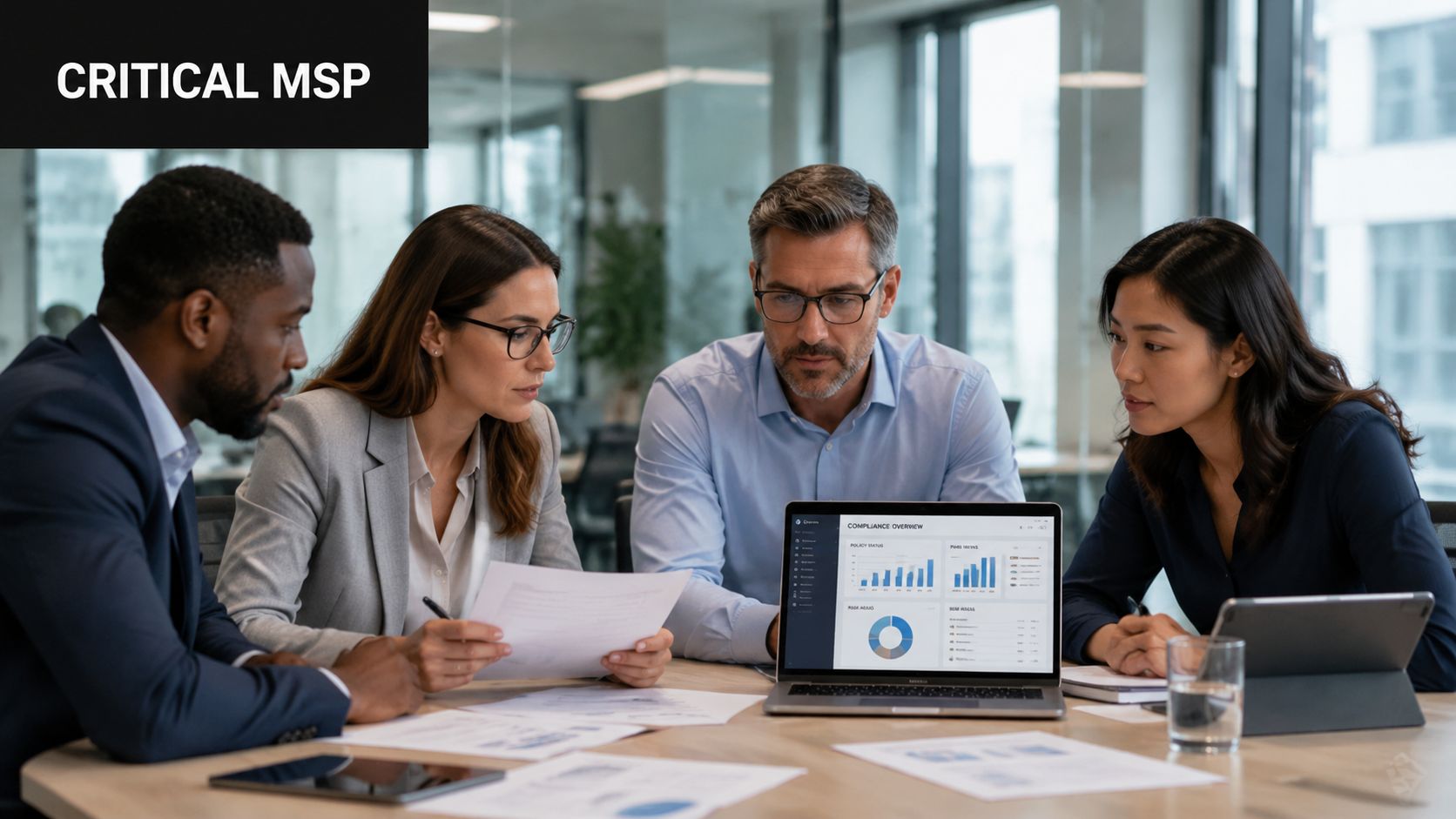 A diverse team of professionals collaboratively discussing business compliance data on a laptop in a modern office.