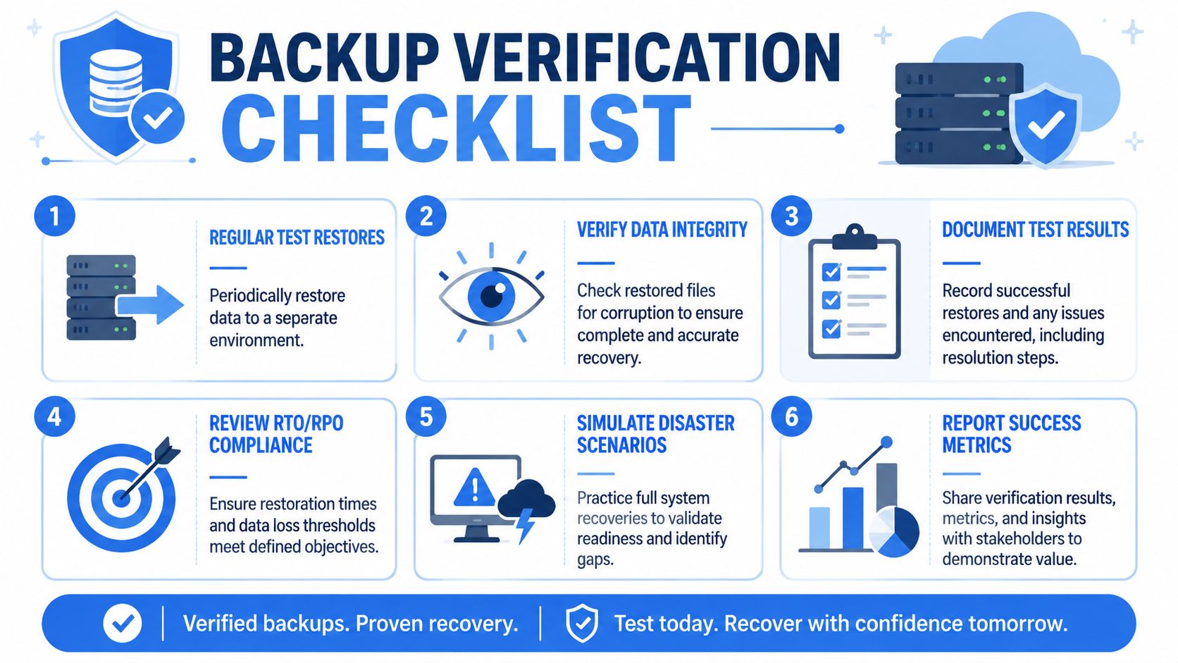 A six-step checklist for verifying data backups to ensure recovery success for business server environments.