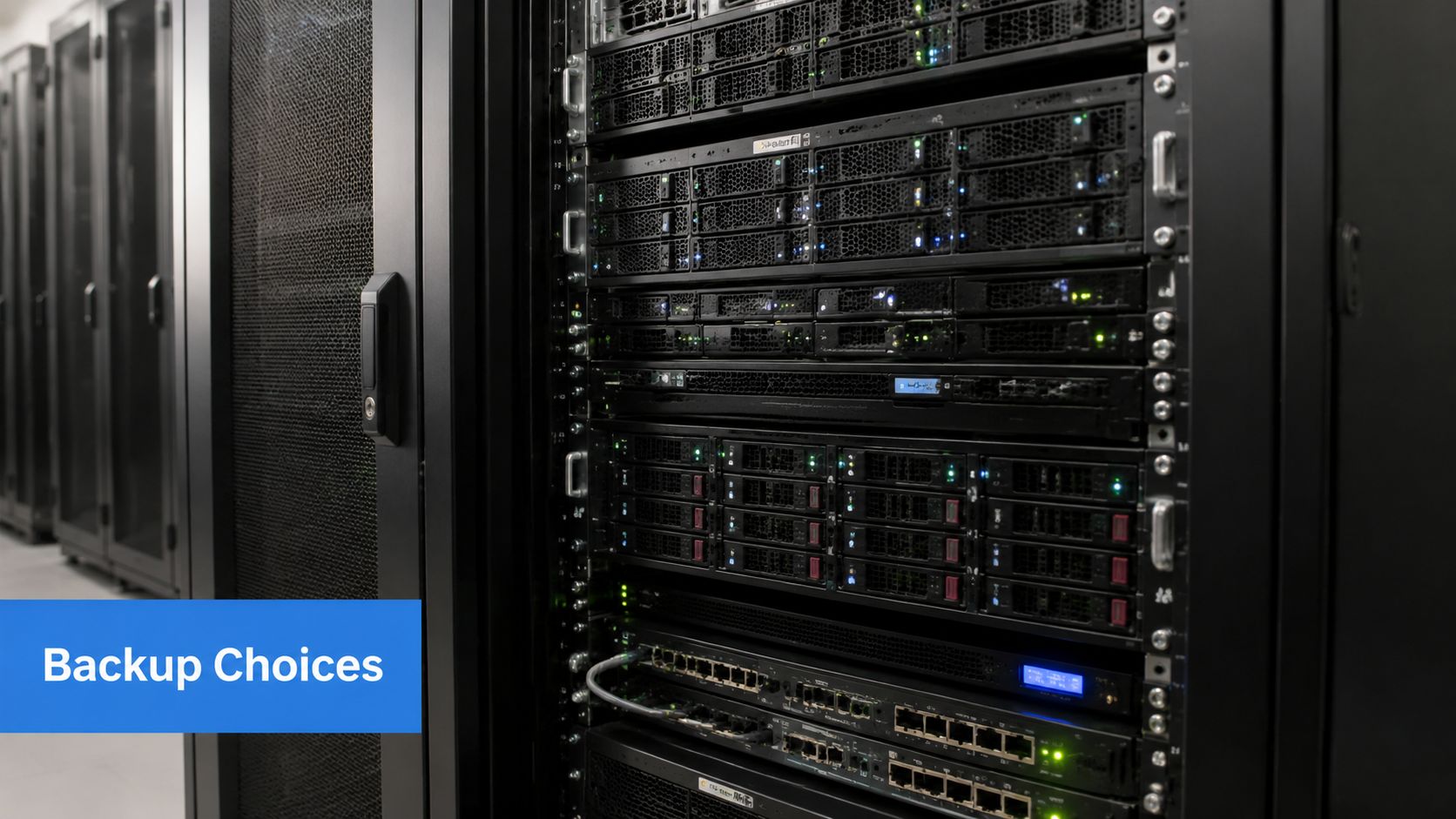 A close-up view of a high-performance server rack in a modern data center with flashing green lights.
