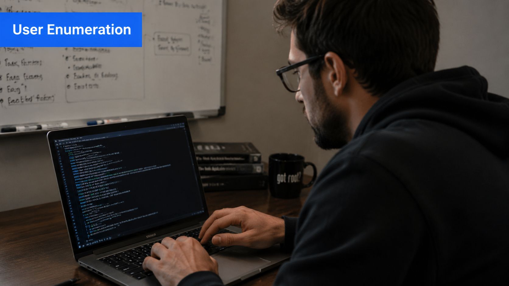 A focused developer working on user enumeration security tasks on his laptop in a dimly lit office.
