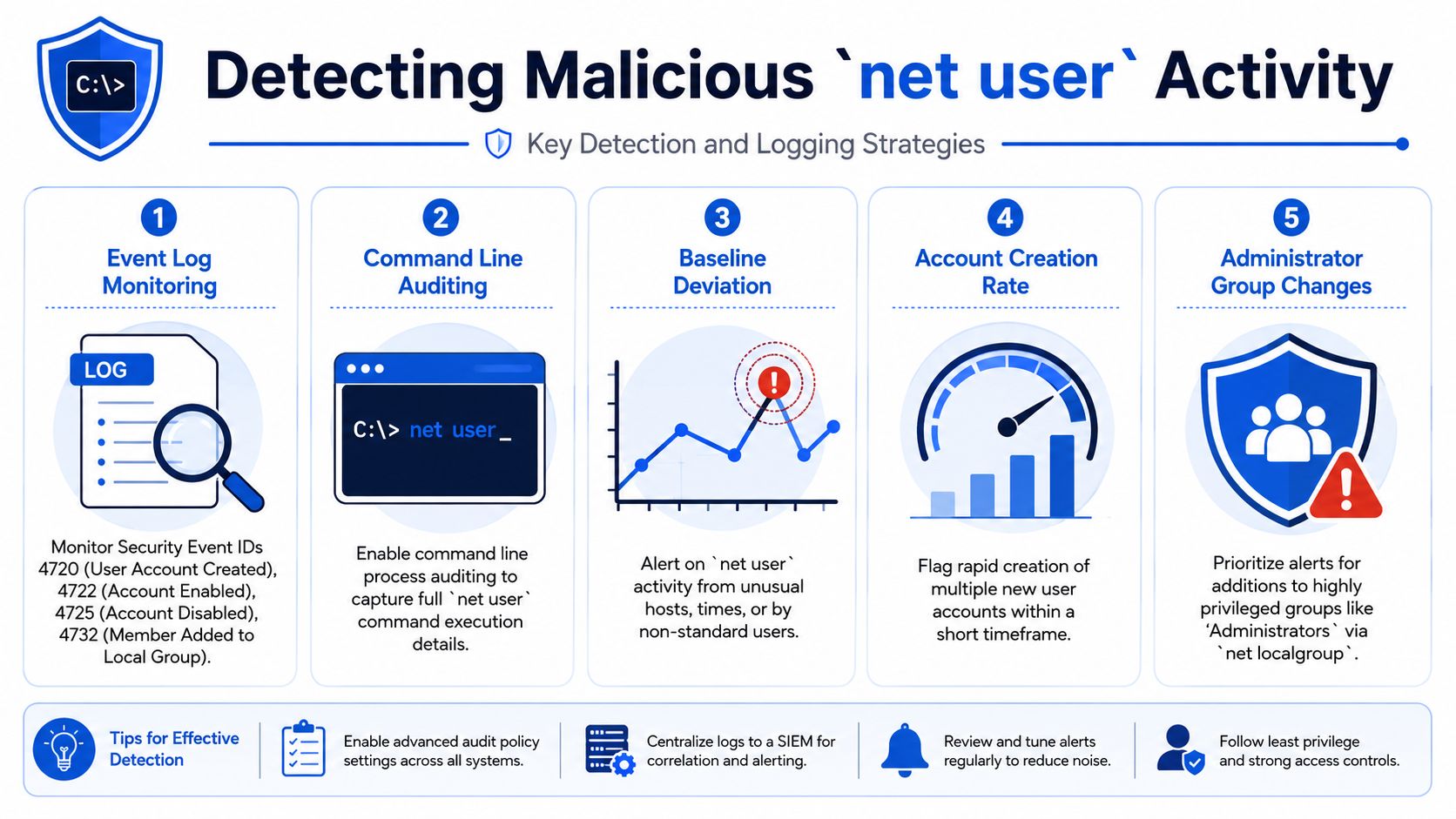 An infographic showing five key strategies for detecting and monitoring malicious net user command activity on systems.
