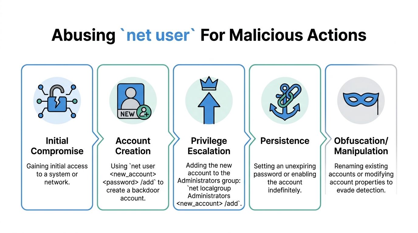 A diagram illustrating the five stages of abusing the net user command for malicious cyberattacks.